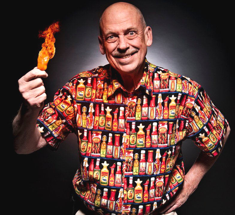 Dave Dewitt the chile pepper man sporting High Seas Trading Hot Sauce Hawaiian Shirt (not currently available)