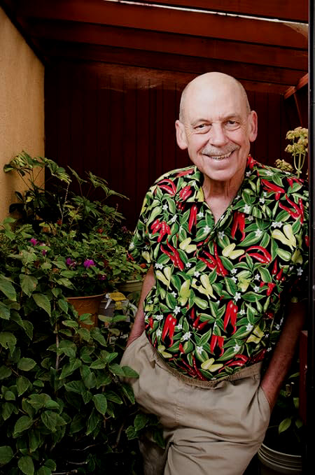 Dave Dewitt the chile pepper man sporting High Seas Trading Southwest Chiles Hawaiian Shirt