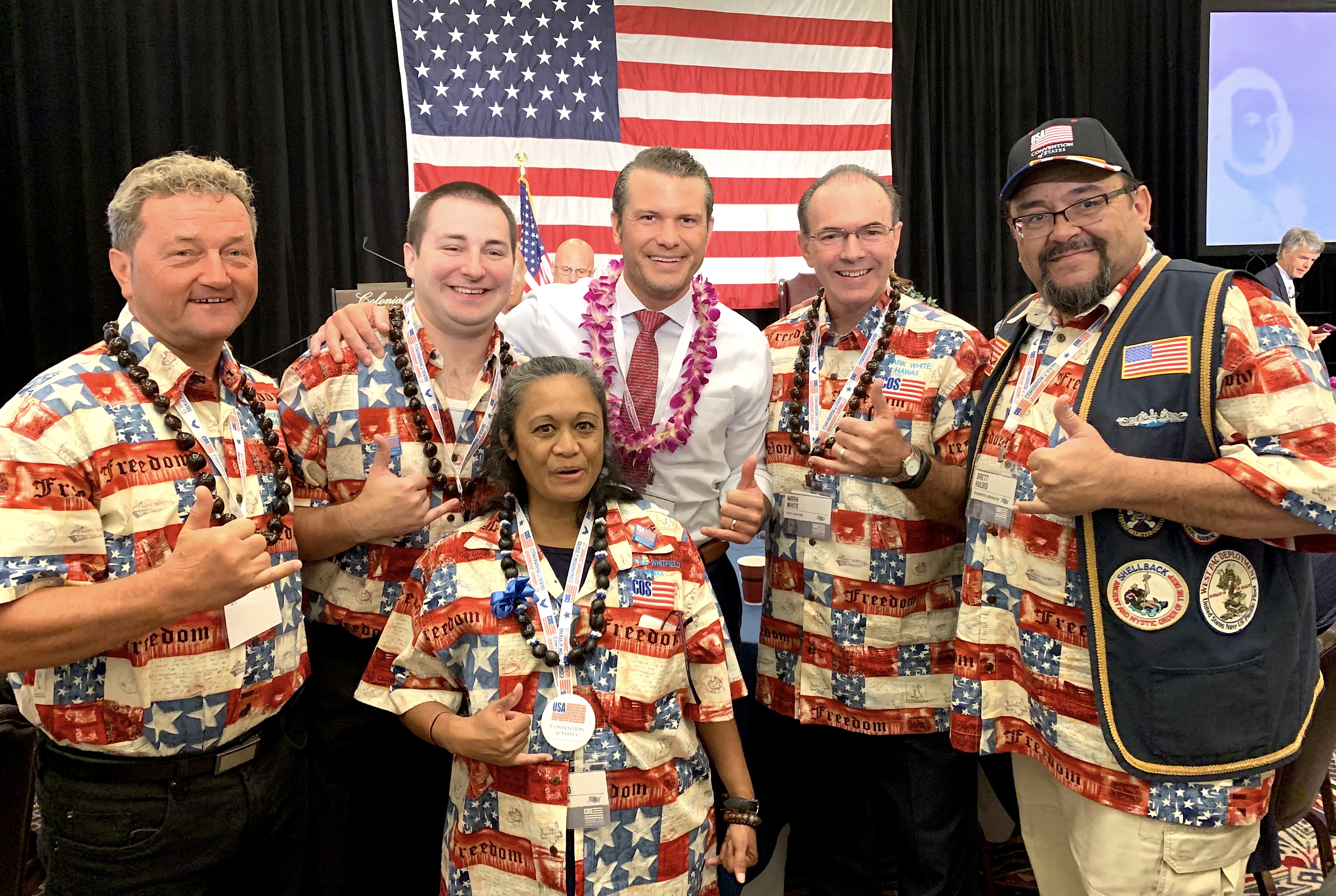Fox News host Pete Hegseth with High Seas Freedom Hawaiian shirt-wearing Convention of States patriots
