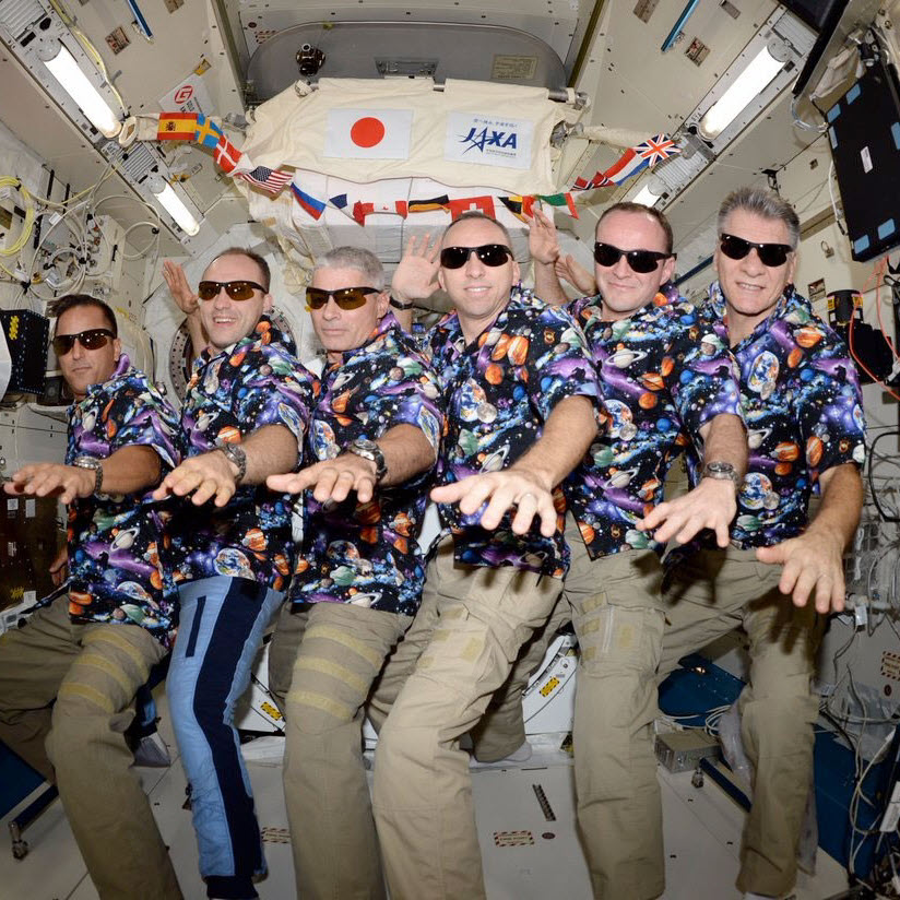ISS High Seas space themed Hawaiian shirts on the astronauts