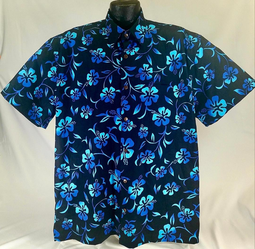 Men'S Navy Blue Hawaiian Shirts With Hibiscus Flowers - RaraPrints